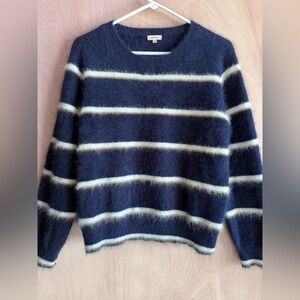 Bellerose Angora Blend Fuzzy Stripe Sweater Navy Blue Tan White Women’s Med